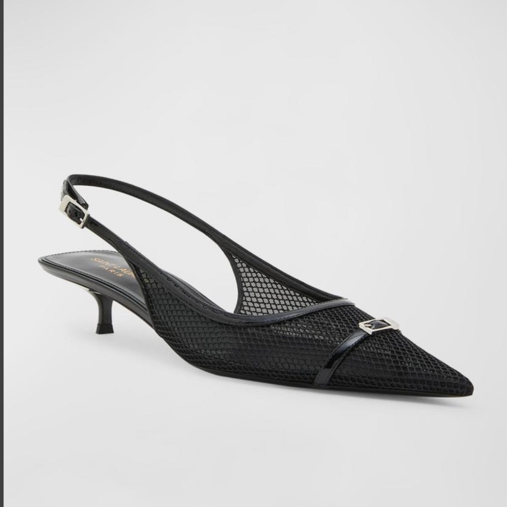 Saint Laurent Black Mesh Oxalis Buckle Slingback Kitten Heel Shoes Size 38 NIB